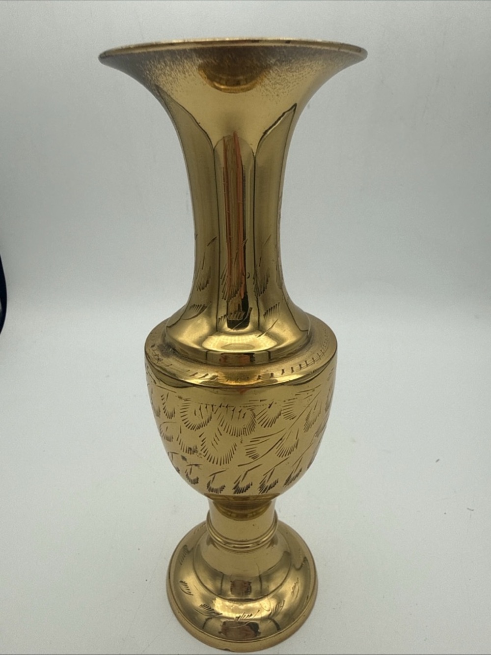 VTG Brass etched Leaf Design Flared Rim 7.75” Vase India